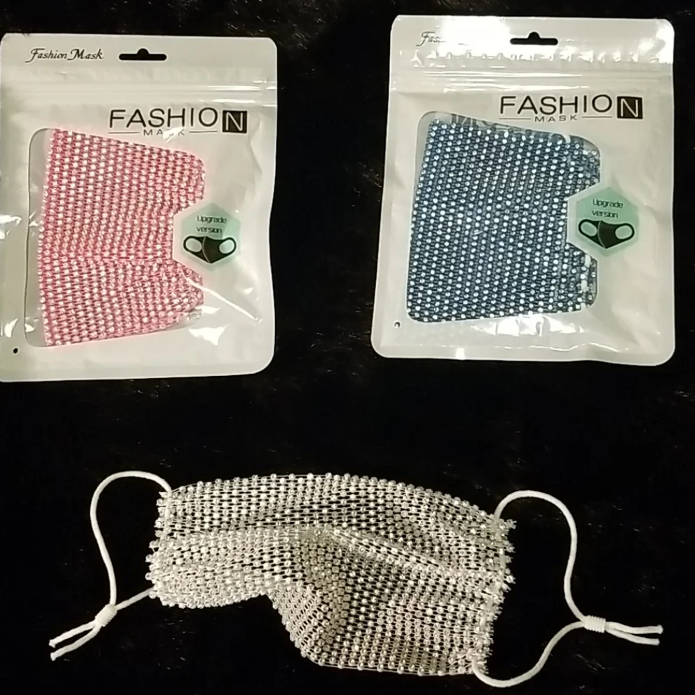 2 Fashion Face Rhinestone Masks Pink & Blue